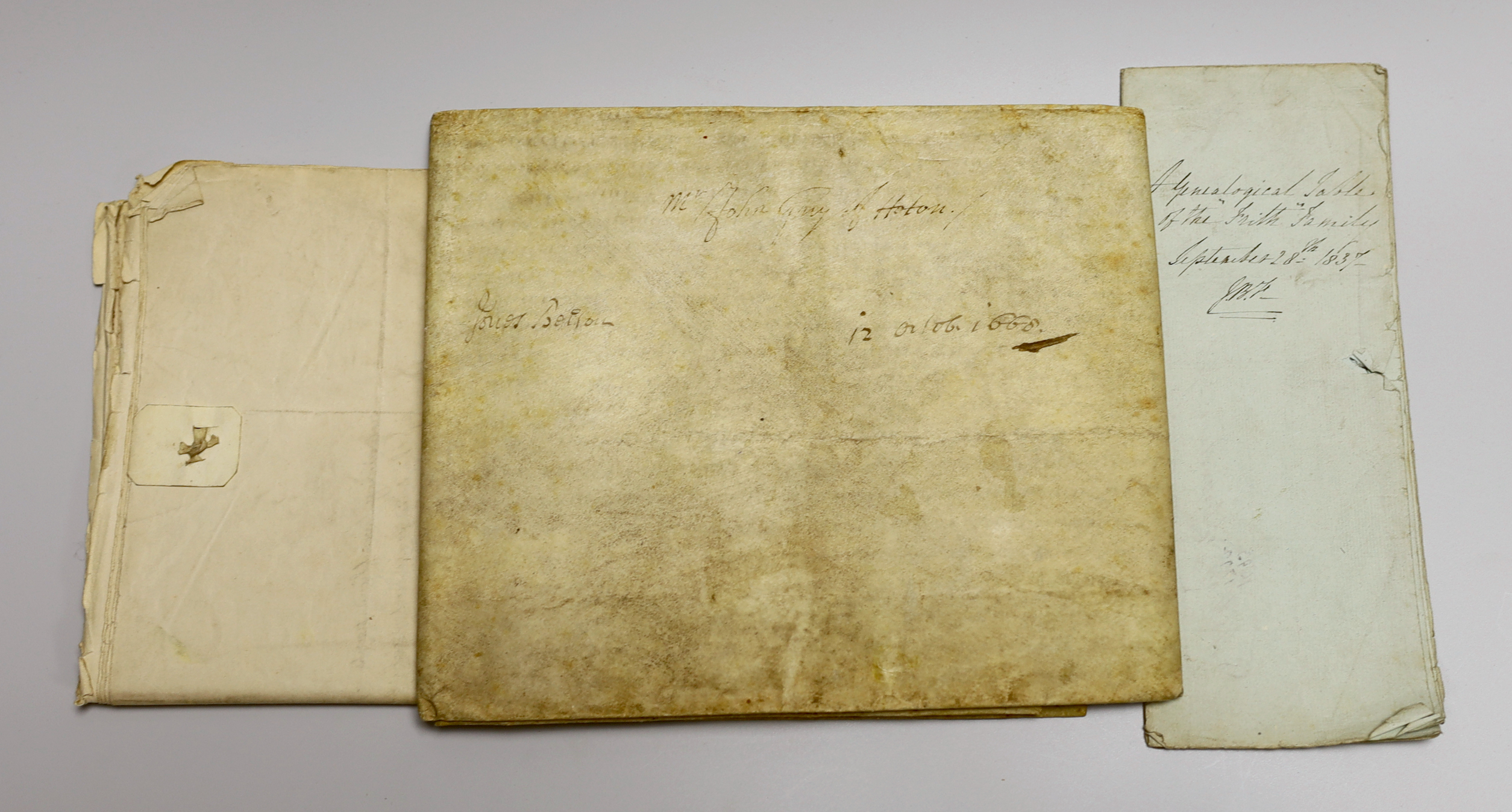 A Charles II Indenture on vellum, in English, relating to land at Hoton [a village in Leicestershire], belonging to a John Guy, dated 12th October, 1668, 62 x 78cm; together with a ‘’Genealogical Table of the ‘’Frith’’ f